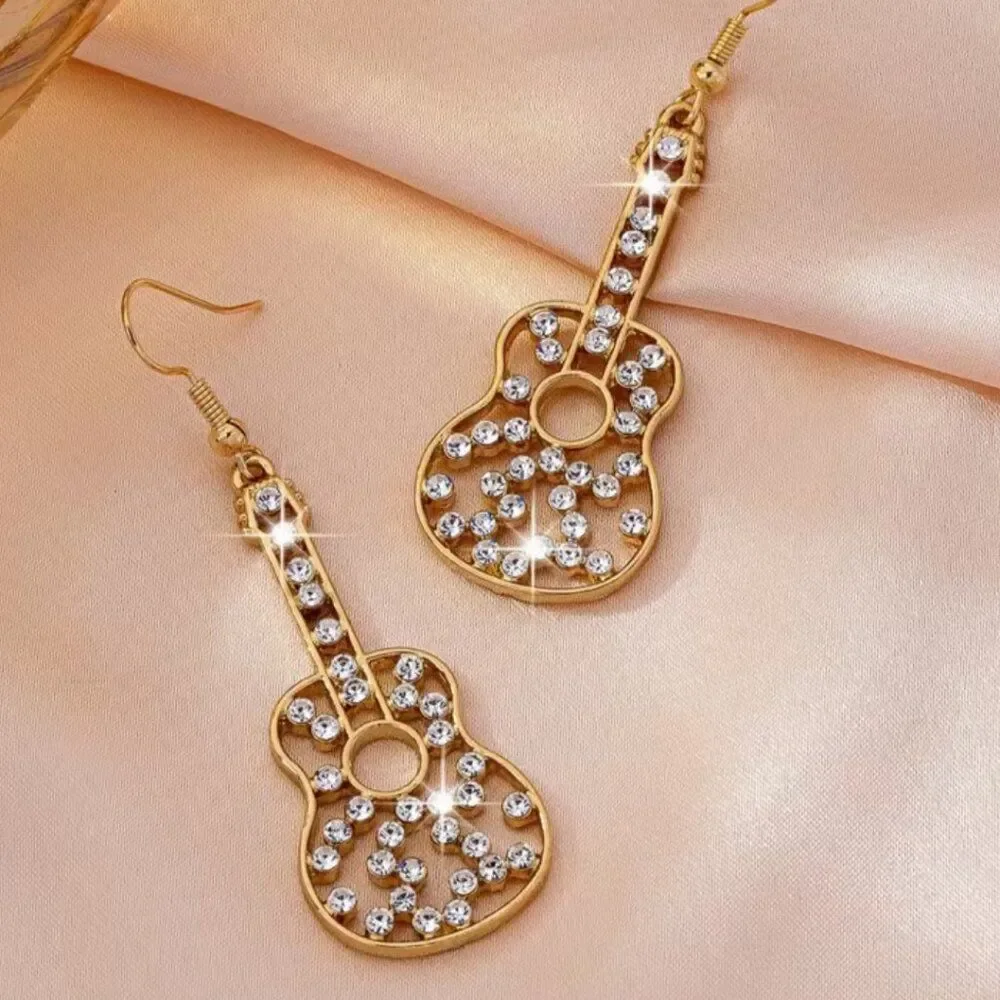 Music City Glam Guitar Earrings Golden Rhinestone Dangle Concert Festival Style